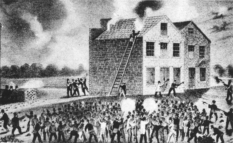Riots in 1837 in Alton, Illinois. Image courtesy of Gateway Journalism Review / Wikimedia Commons.