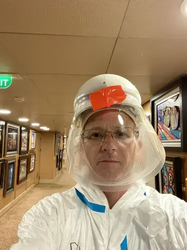 Michael Callahan during a medical evacuation of COVID-19 patients from a cruise ship. Image by Michael Callahan.<br />