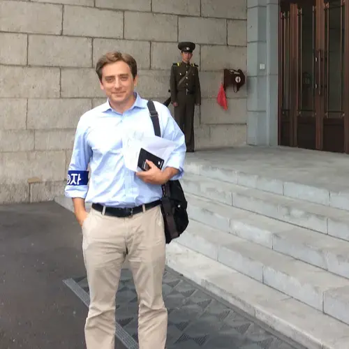 Evan Osnos at the Ministry of Foreign Affairs. Image by Max Pinckers. North Korea, 2017.&nbsp;