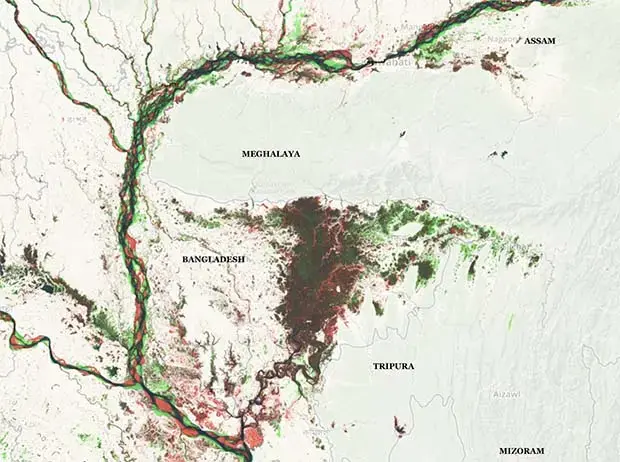 An online programme that allows users to see changes in surface water and rainfall over 30 years to 2015—show that water bodies around Meghalaya and Bangladesh, where most of Meghalaya’s run off makes its way, have been drying. The red in the map indicates water bodies that have dried over time, and the green indicates an increase in water. Black indicates no change in the amount of surface water. Graphic courtesy of NOAH.