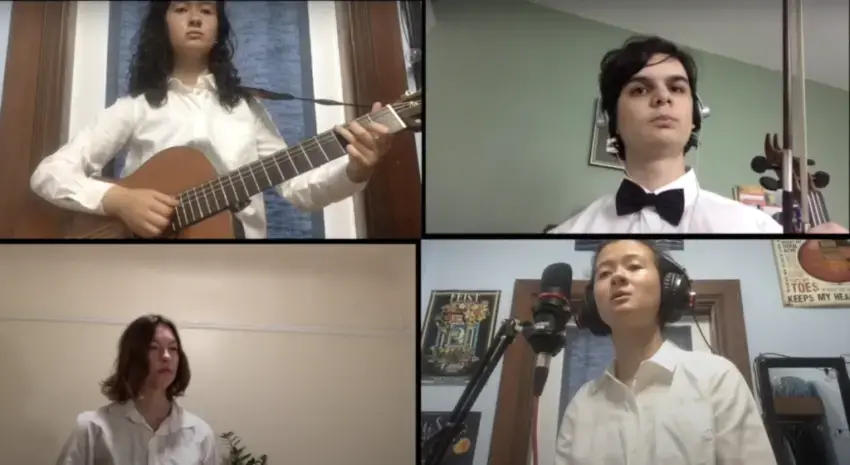 Students from the Ruth Asawa School San Francisco School of the Arts Mariachi Band put on a performance to raise money for UndocuFund SF. Emma Kositsky (top left and bottom right), Alexander Haken, and Plyfaa Suwanamalik-Murphy recorded their parts separately and had Suwanamalik-Murphy edit it into one video. Image courtesy of Mission Local. United States, 2020.