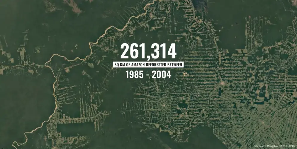 These satellite images show the deforestation of a 134,000 square km. area of the Brazilian state of Rondônia, on the frontier of the Amazon rain forest. The area shown accounts for just 2.2% of the Amazon’s 6 million total square km. Image courtesy of TIME. View the interactive image on the TIME website.