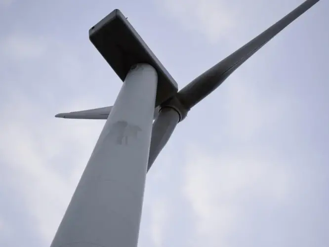 One of the wind turbines at Burgar Hill. Image by Maggie More. United Kingdom, 2020.<br />
