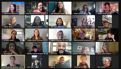 Screenshot of a Zoom meeting with 2021-22 Teacher Fellows and members of Pulitzer Center Education staff