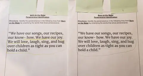 Photo of a student worksheet with the text "We will love, laugh, sing, and hug over children as tight as you can hold a child" circled