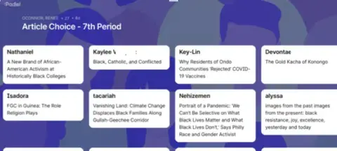 Screenshot of a padlet that was used for students to identify articles they hope to explore during the unit.