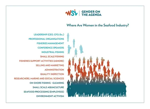 A graphic titled "Where are Women in the Seafood Industry?" It shows that most women are employed in on-shore fishing-gleaning, small scale aquaculture, seafood processing (employees), and environment activism.