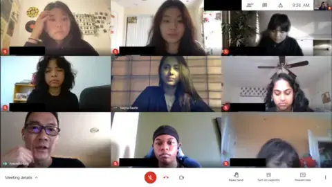 Screenshot from a Zoom meeting between Ken Hung's high school class and photojournalist Saiyna Bashir.