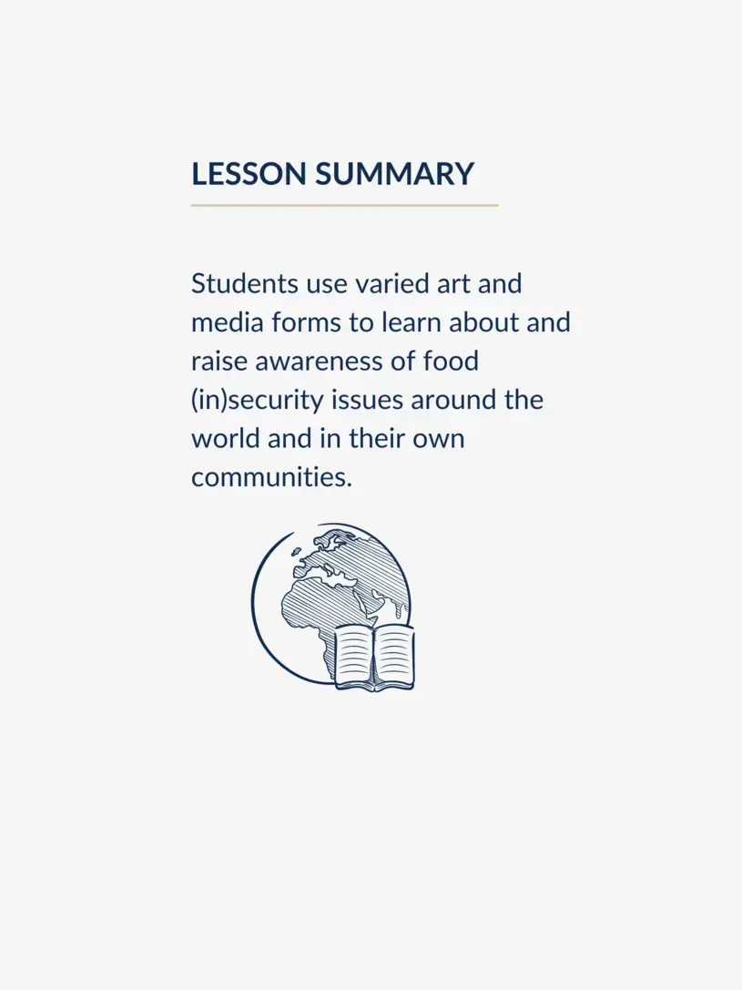 Students use varied art and media forms to learn about and raise awareness of food (in)security issues around the world and in their own communities.