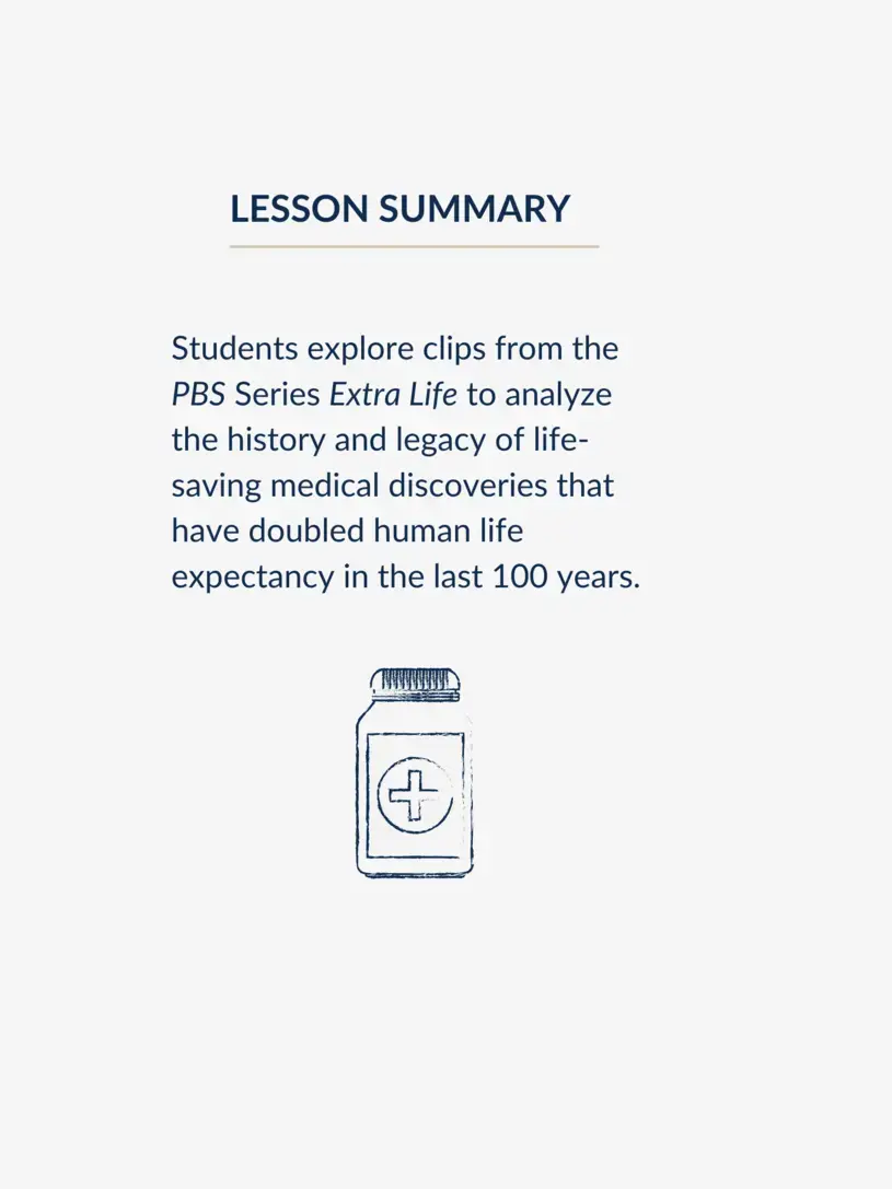 Students explore clips from the PBS Series Extra Life to analyze the history and legacy of life-saving medical discoveries that have doubled human life expectancy in the last 100 years.