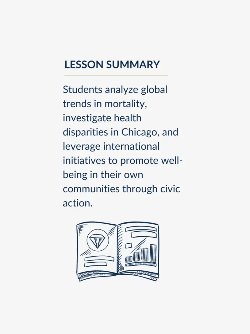 Students analyze global trends in mortality, investigate health disparities in Chicago, and leverage international initiatives to promote well-being in their own communities through civic action.