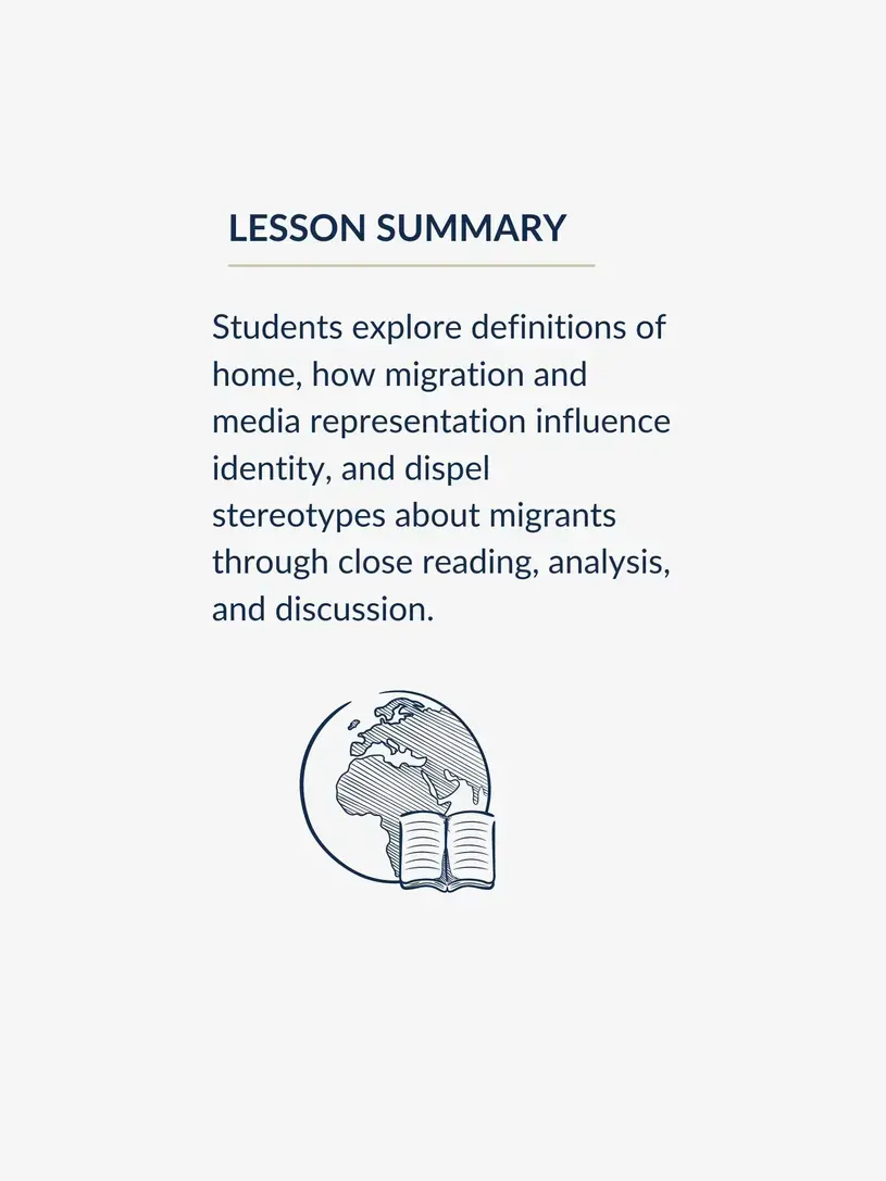 Lesson summary graphic reading, "Students explore definitions of home, how migration and media representation influence identity, and dispel stereotypes about migrants through close reading, analysis, and discussion."