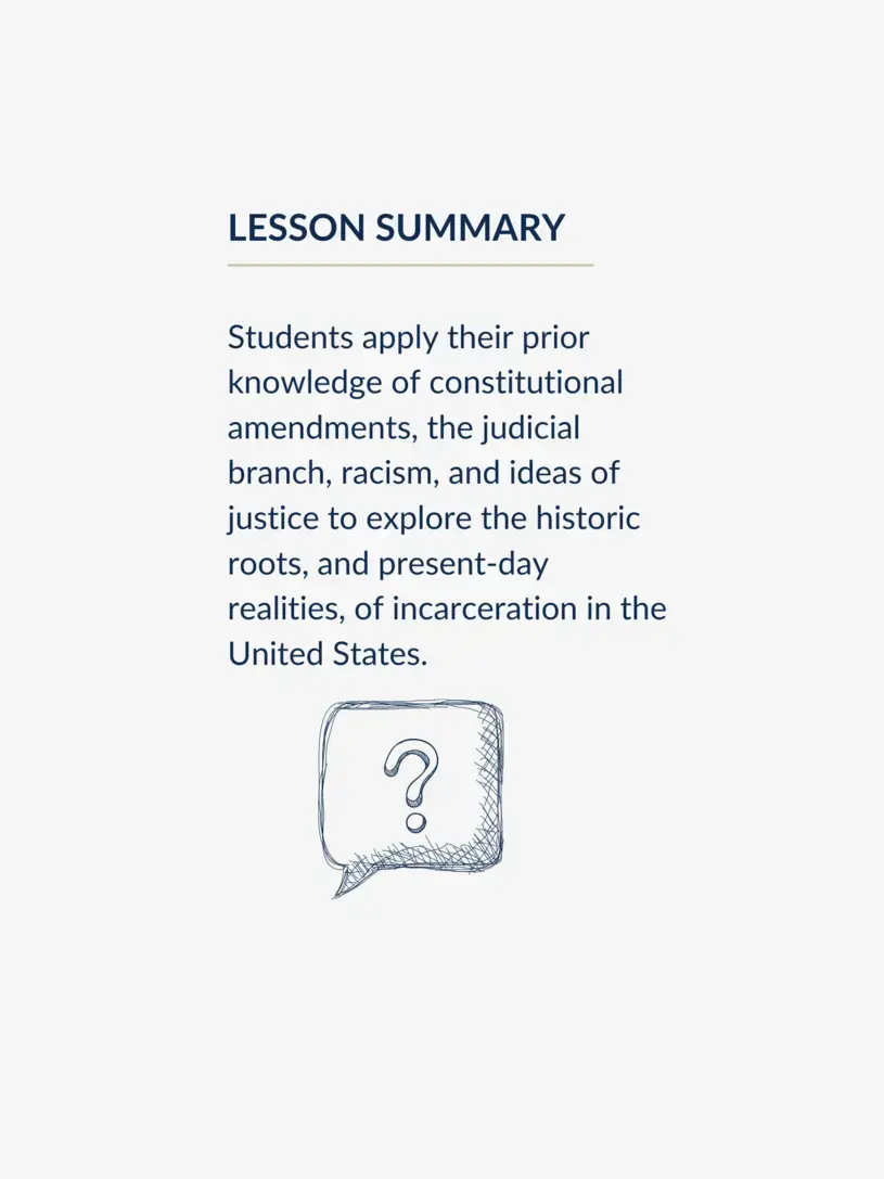 Lesson summary graphic, reading: "Students apply their prior knowledge of constitutional amendments, the judicial branch, racism, and ideas of justice to explore the historic roots, and present-day realities, of incarceration in the United States."