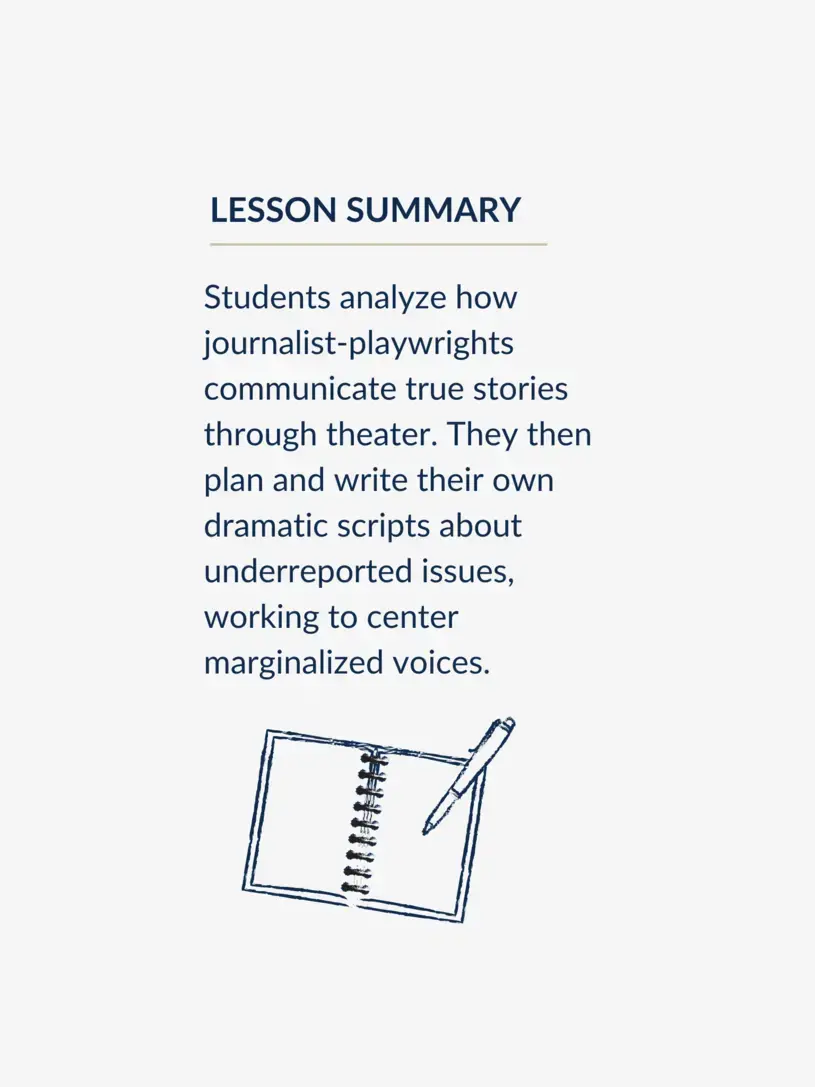 Lesson summary graphic, reading: "Students analyze how journalist-playwrights communicate true stories through theater. They then plan and write their own dramatic scripts about underreported issues, working to center marginalized voices."