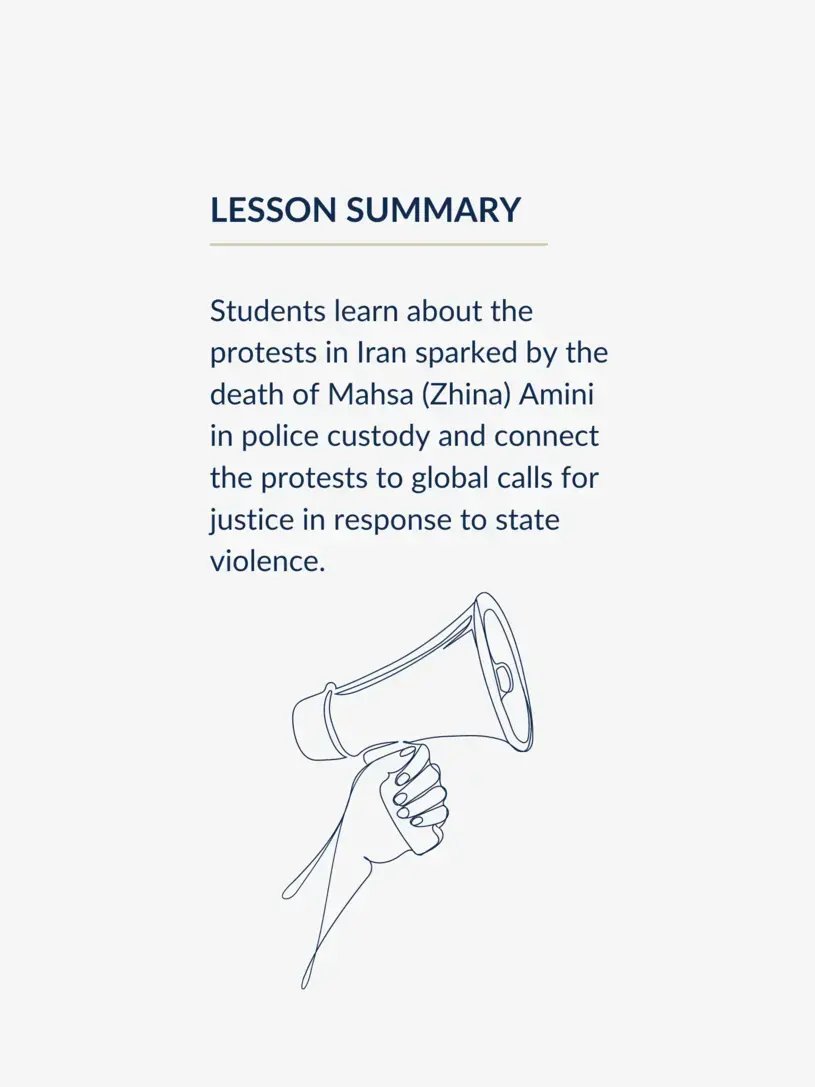 Lesson summary graphic showing a hand holding a megaphone and text reading, "Students learn about the protests in Iran sparked by the death of Mahsa (Zhina) Amini in police custody and connect the protests to global calls for justice in response to state violence."