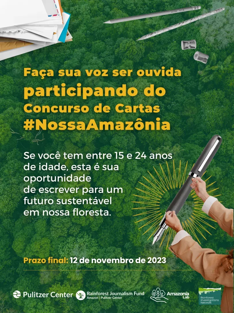 Poster with yellow text against a foliage background with two hands holding a writing utensil