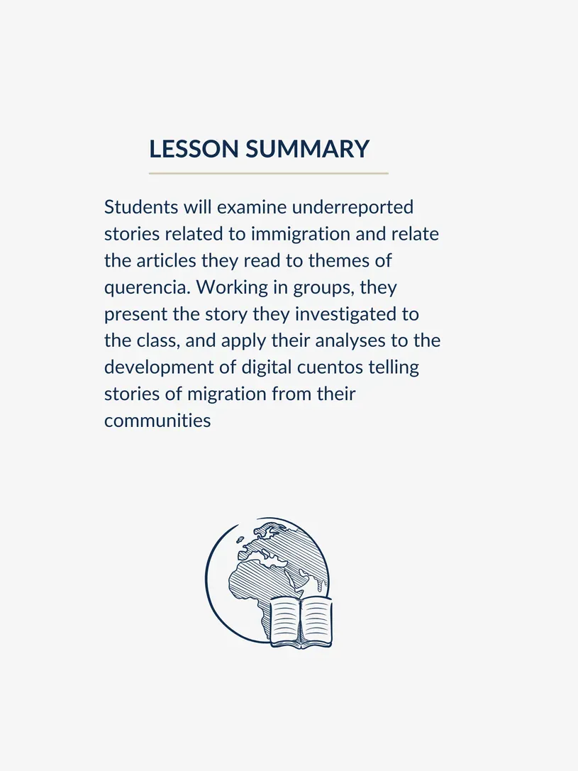 Text summary over a graphic of a globe with a notebook over it.