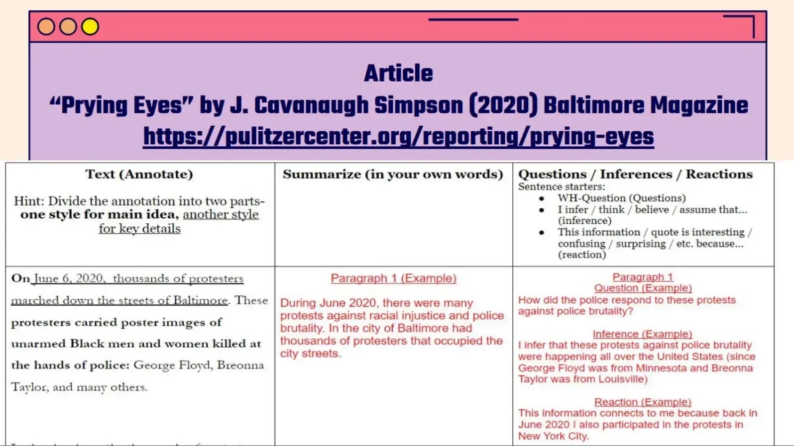 Teacher example of an article annotation assignment from the unit "Investigating Police Budgets" by Vincent Pham. United States, 2020.