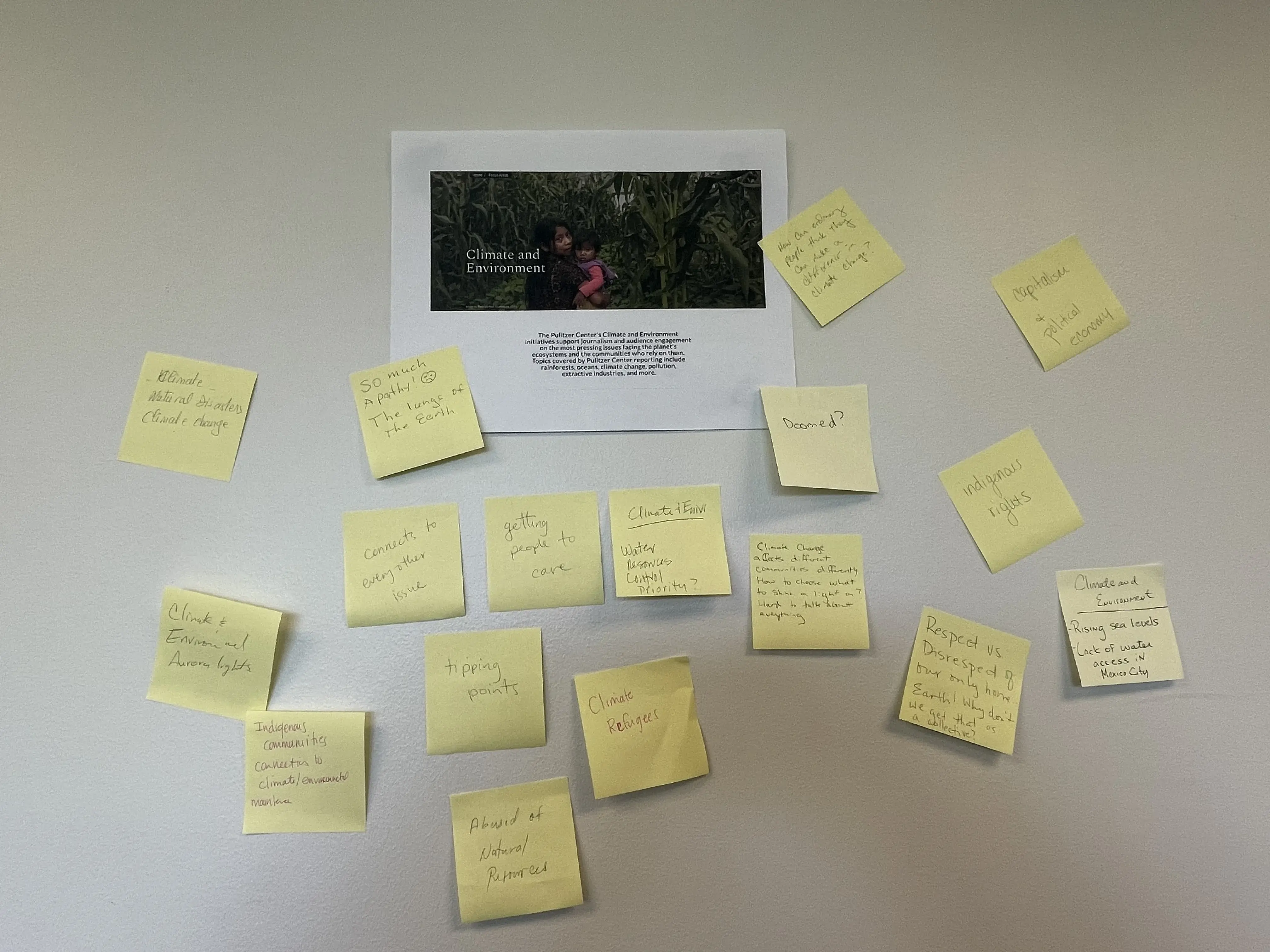 Post its reflect educators' reflections on reading the description of the Pulitzer Center focus area "Climate Change and the environment"