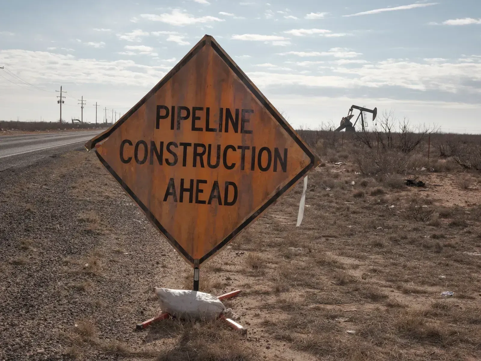 In an arid field, a traffic sign says "pipeline construction nearby" in the background there is an oil pump.