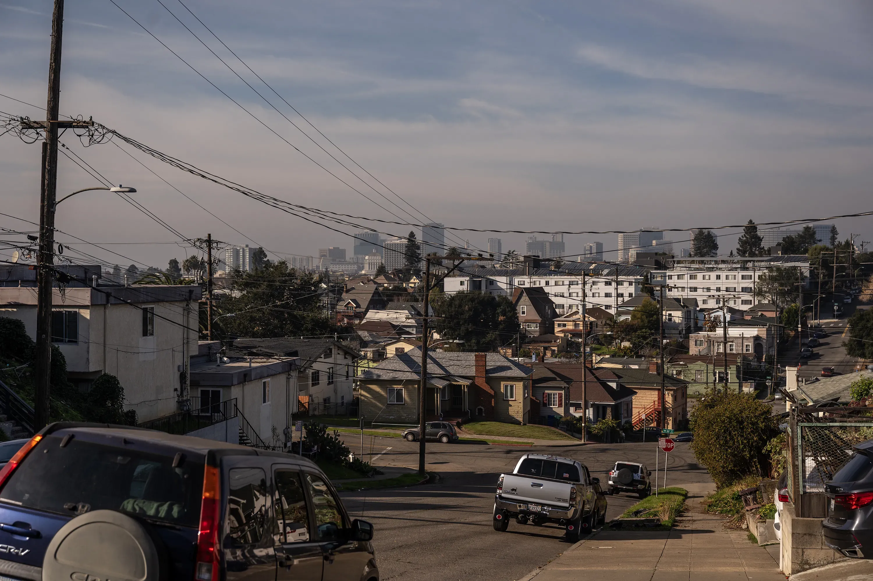 East Oakland neighborhood and city skyline