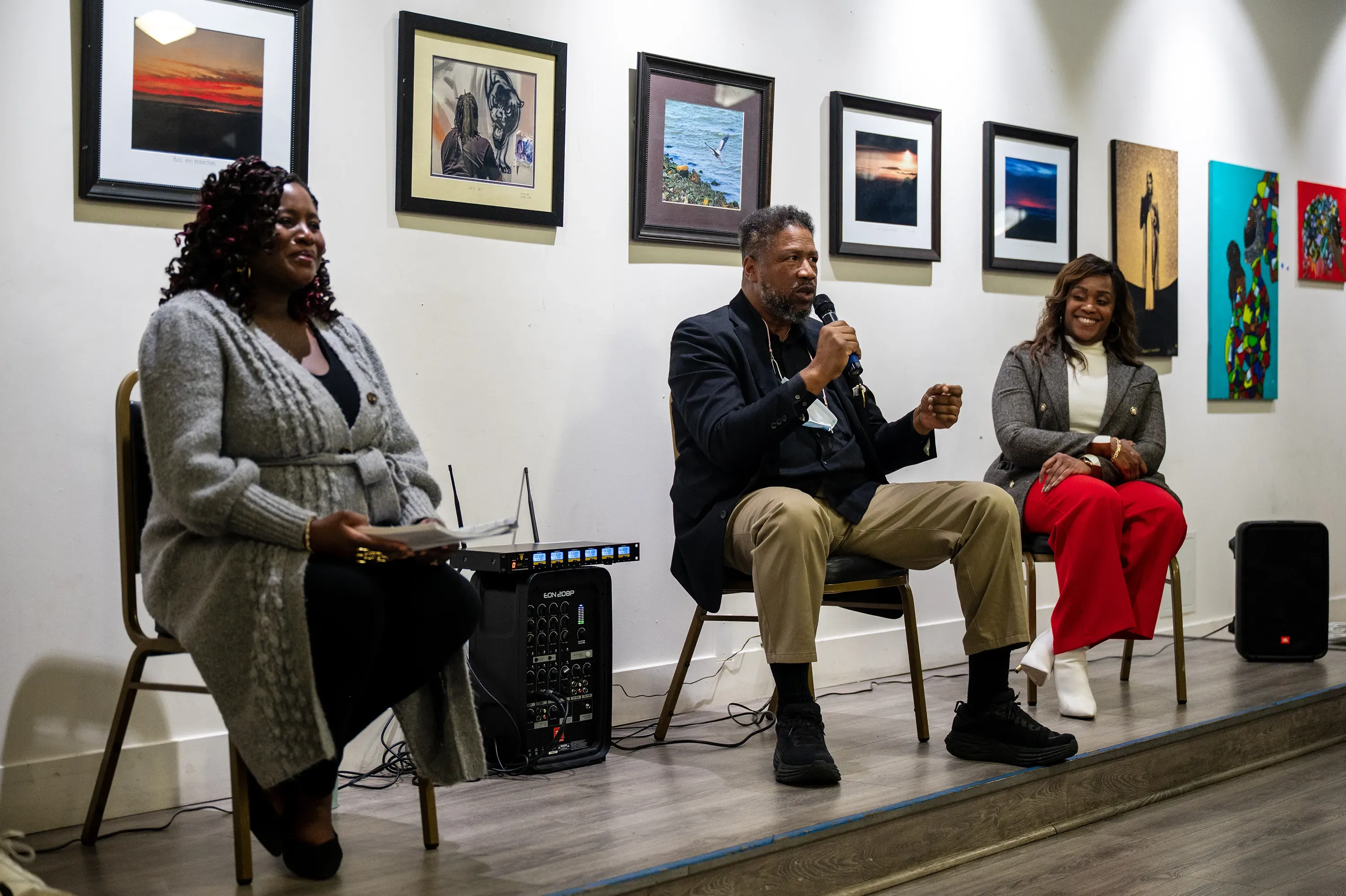 From Left: Marybelle Nzegwu Tobias, founder and principal of Environmental Justice Solutions, Larry Brooks, former director of Alameda County’s Healthy Homes Department, and Simmons sit on El Tímpano’s panel on the ongoing lead contamination crisis in Oakland.