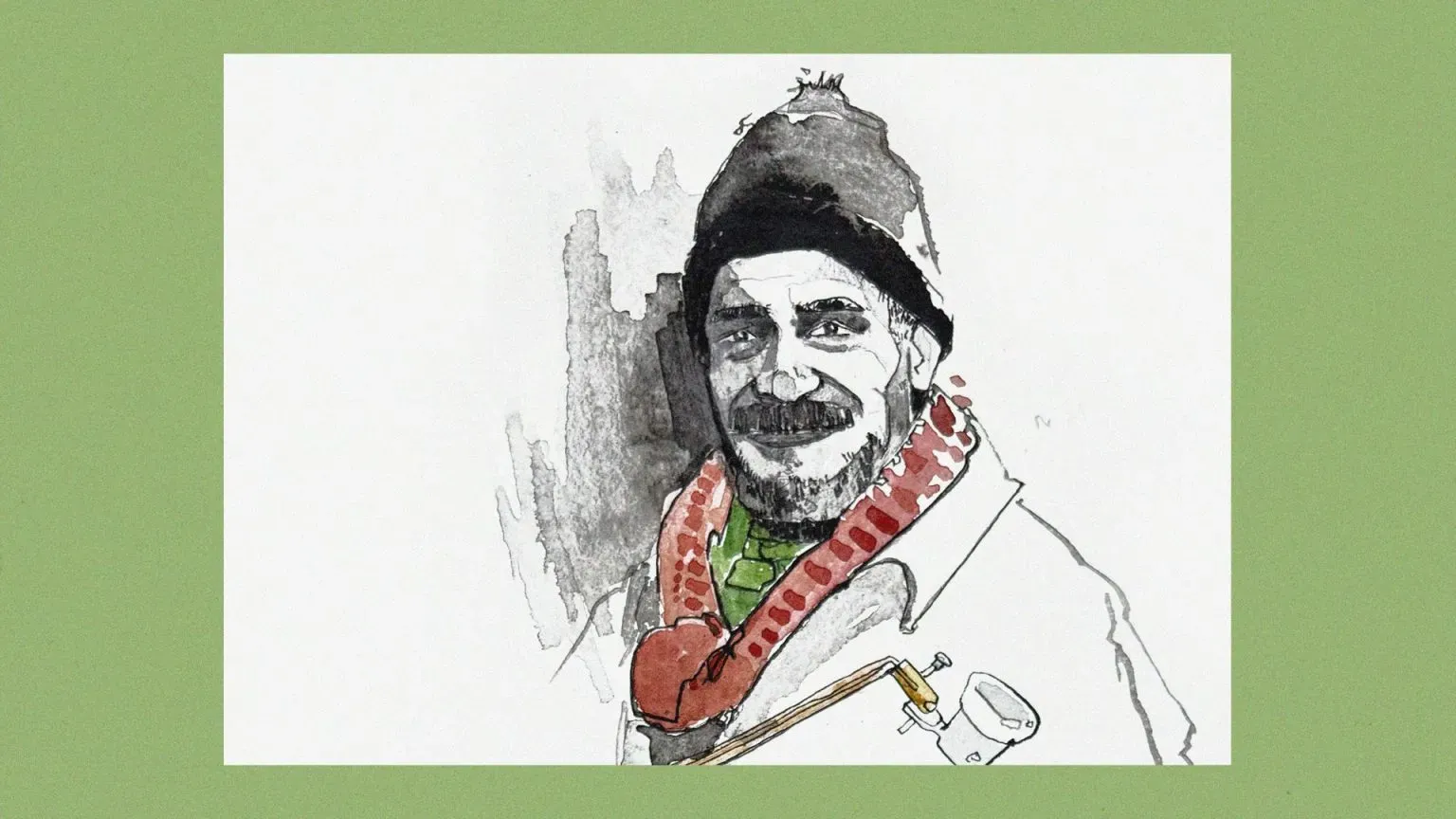 sketch of an older, bearded man wearing a scarf, hat, and coat. 