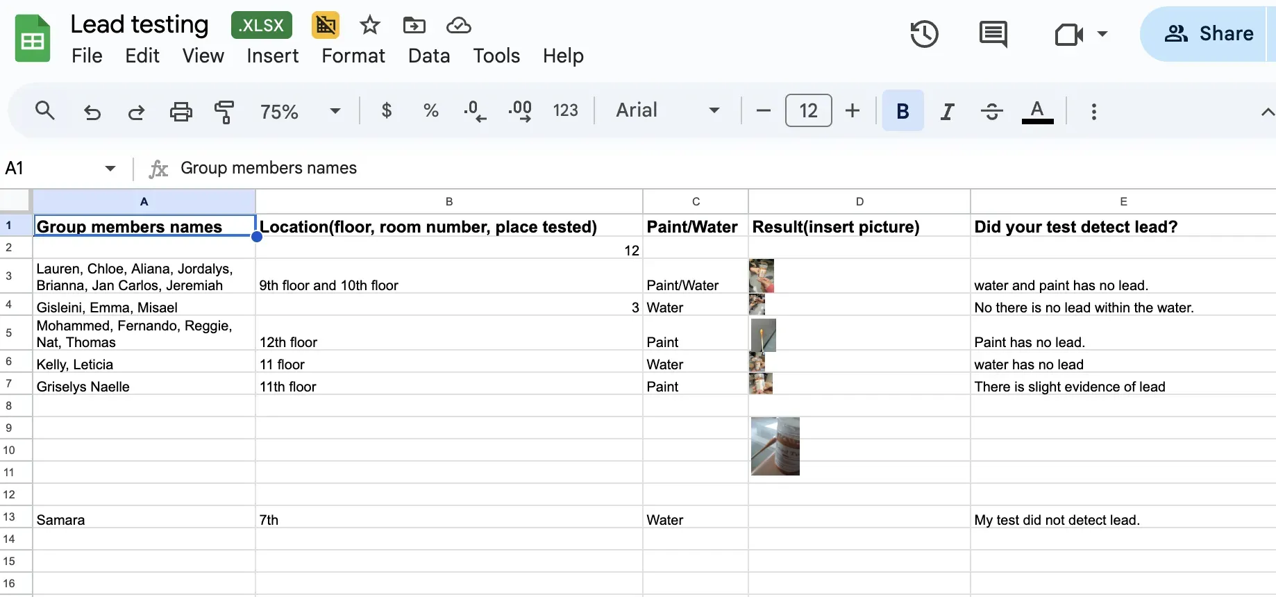 lead testing data spreadsheet