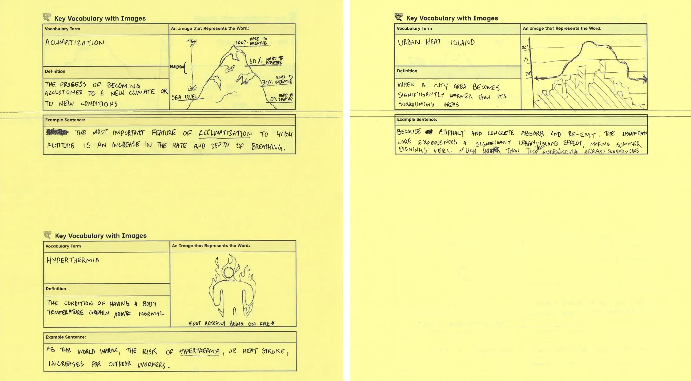 handwritten student notes on climate and heat related vocabulary