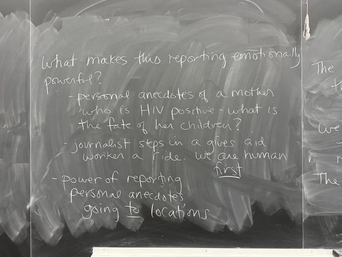 prompt written on the board - what makes this reporting emotionally powerful