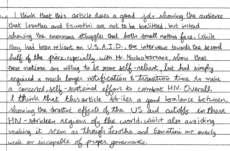handwritten student reflection on the days's classwork