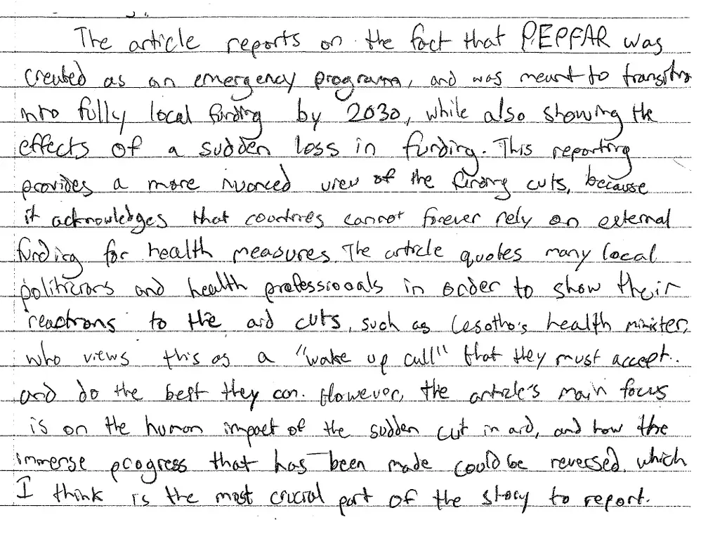 handwritten student reflection on the day's classwork