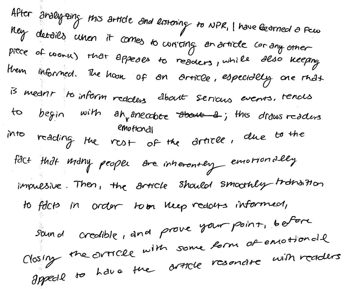 student handwritten reflection on their classwork
