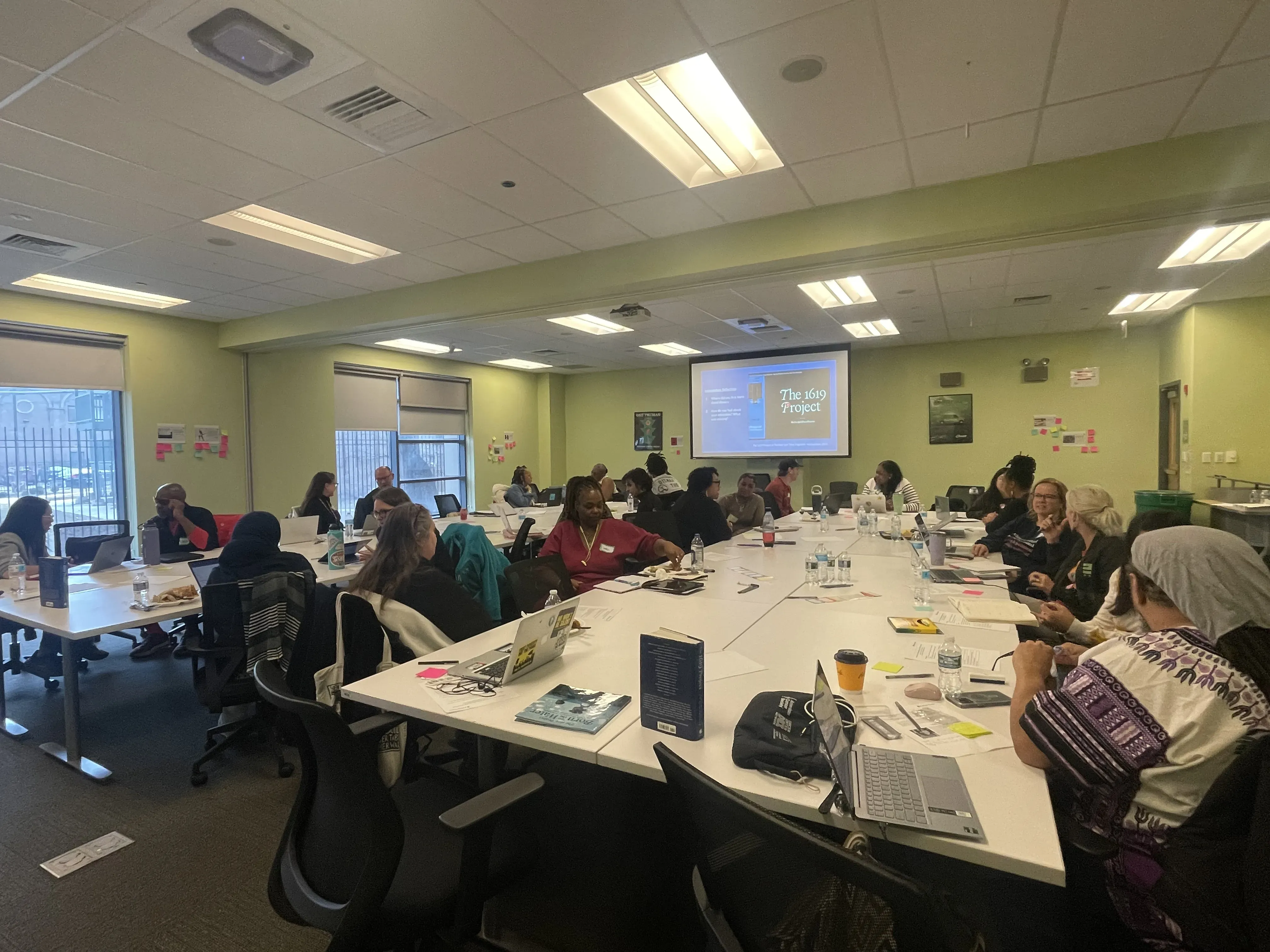 Chicagoland teachers paired in a discussion about The 1619 Project at Truman College. Image by Jaya Mukherjee. 2026. 