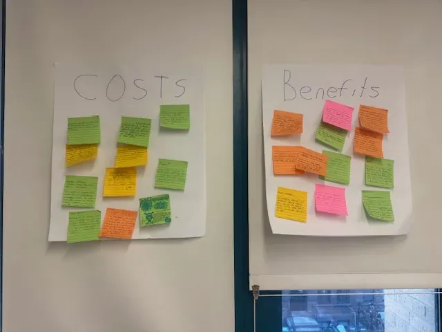 two wall post-it notes covered in smaller colored post-it notes with student reflections