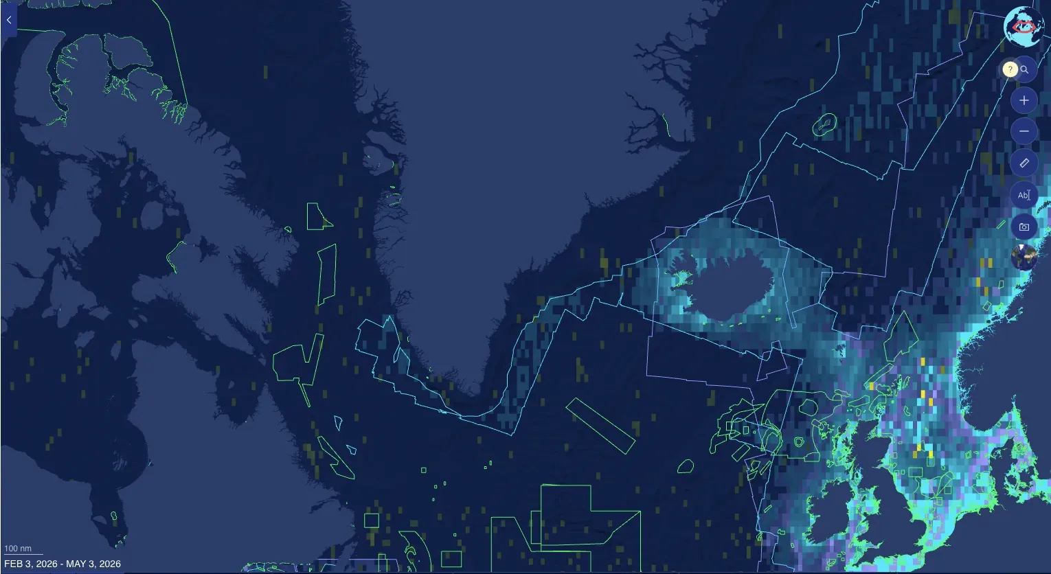  a map of satellite imagery vessel detections (blue), night light detections (yellow) and radar vessel detections (purple) near Marine Protected Areas (green) in the North Sea, Norwegian Sea, Labrador Sea, Northwestern Passages and Hudson Bay between February and May, 2026