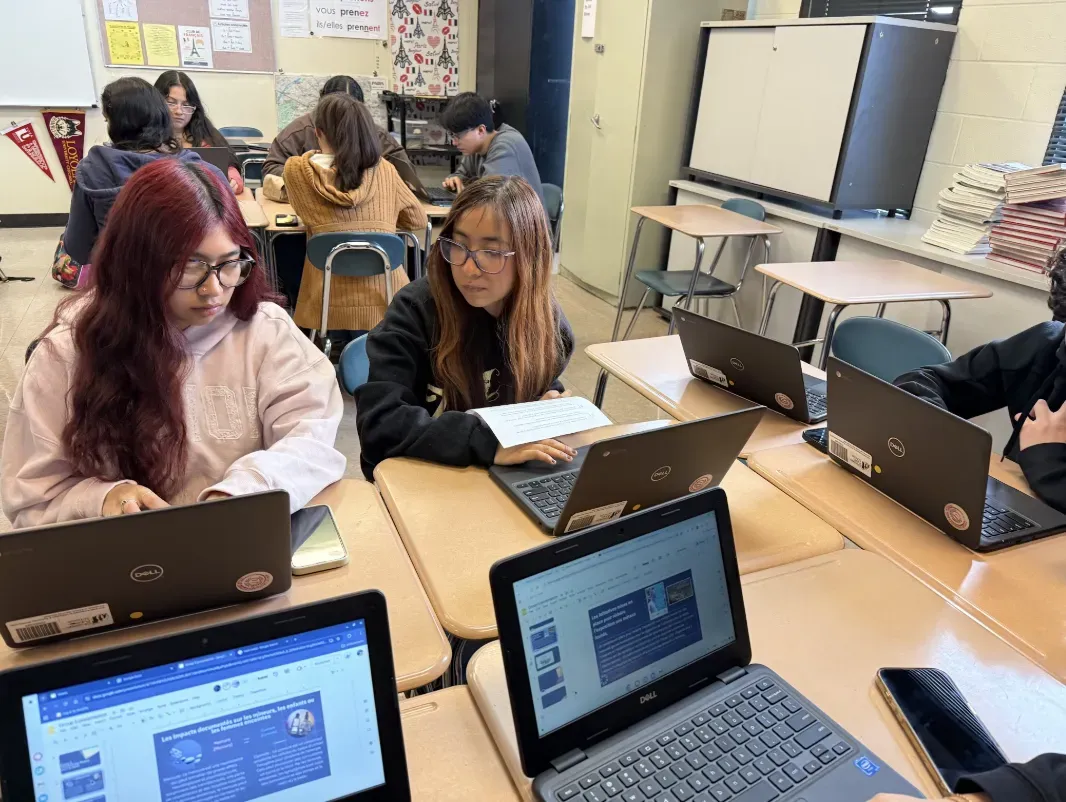 a classroom of students work on laptops at desks