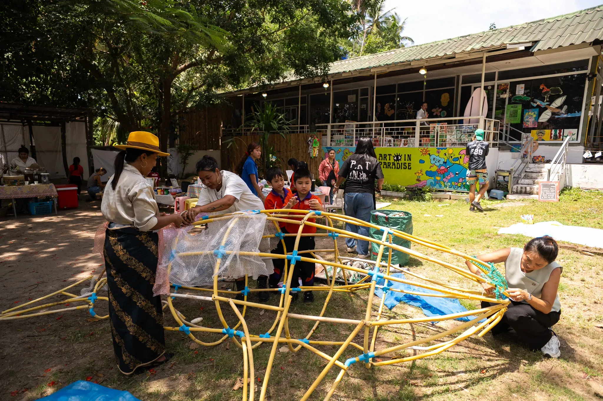 In Koh Samui’s festival edition, visitors and students work on the dugong installation, using waste materials, along with other activities throughout the day to keep them engaged.