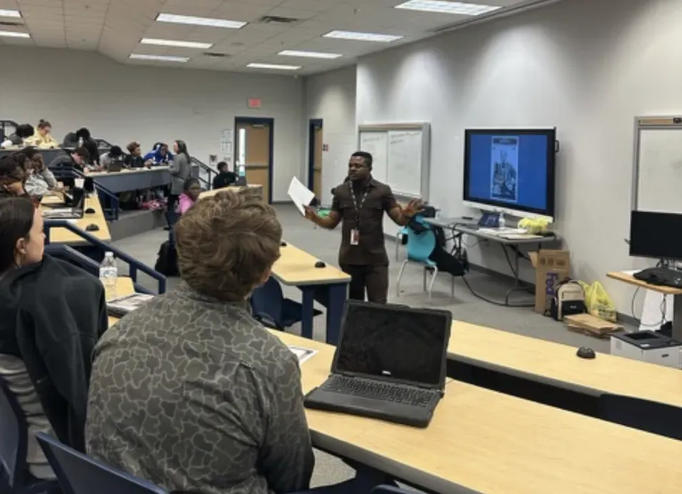 High school English teacher Prince Owusu Bonnah leads a discussion with his students in Colleton County, South Carolina.