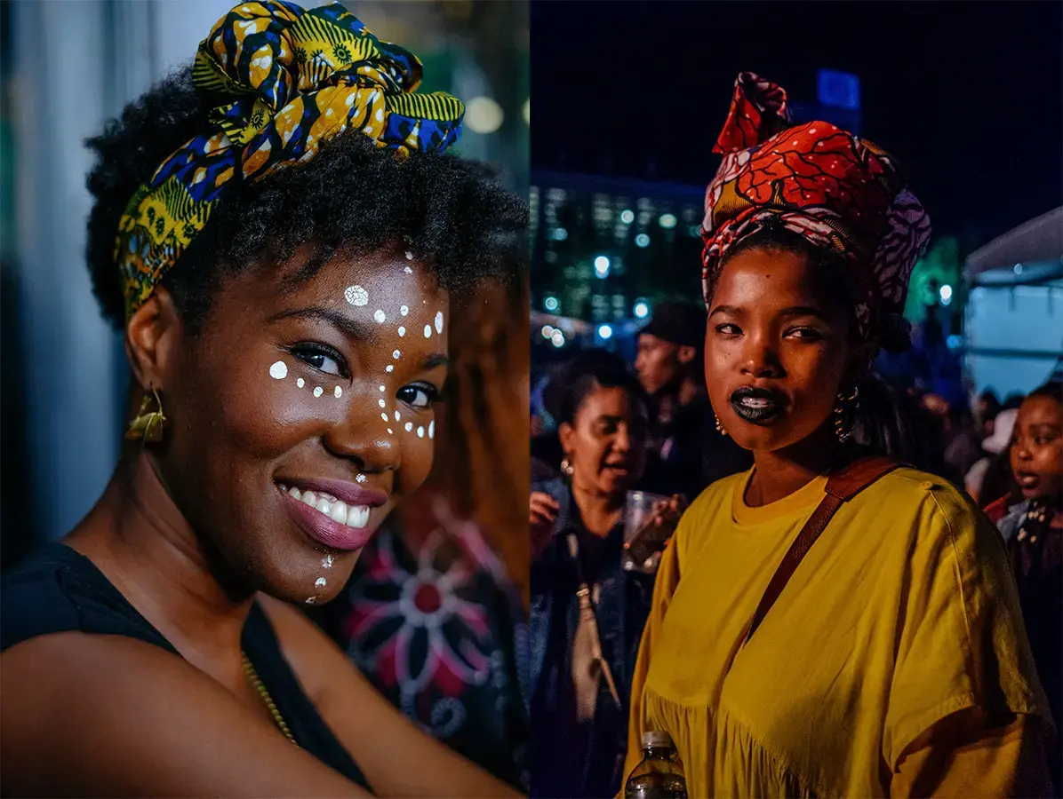 At left, 31-year-old Melia attended her first Afropunk event last year in Paris. "It's nice to meet people from everywhere. It's another way to look at Africa." At right, South Africa had its own festival to close out 2017. Image by Melissa Bunni Elian. South Africa, 2017.
