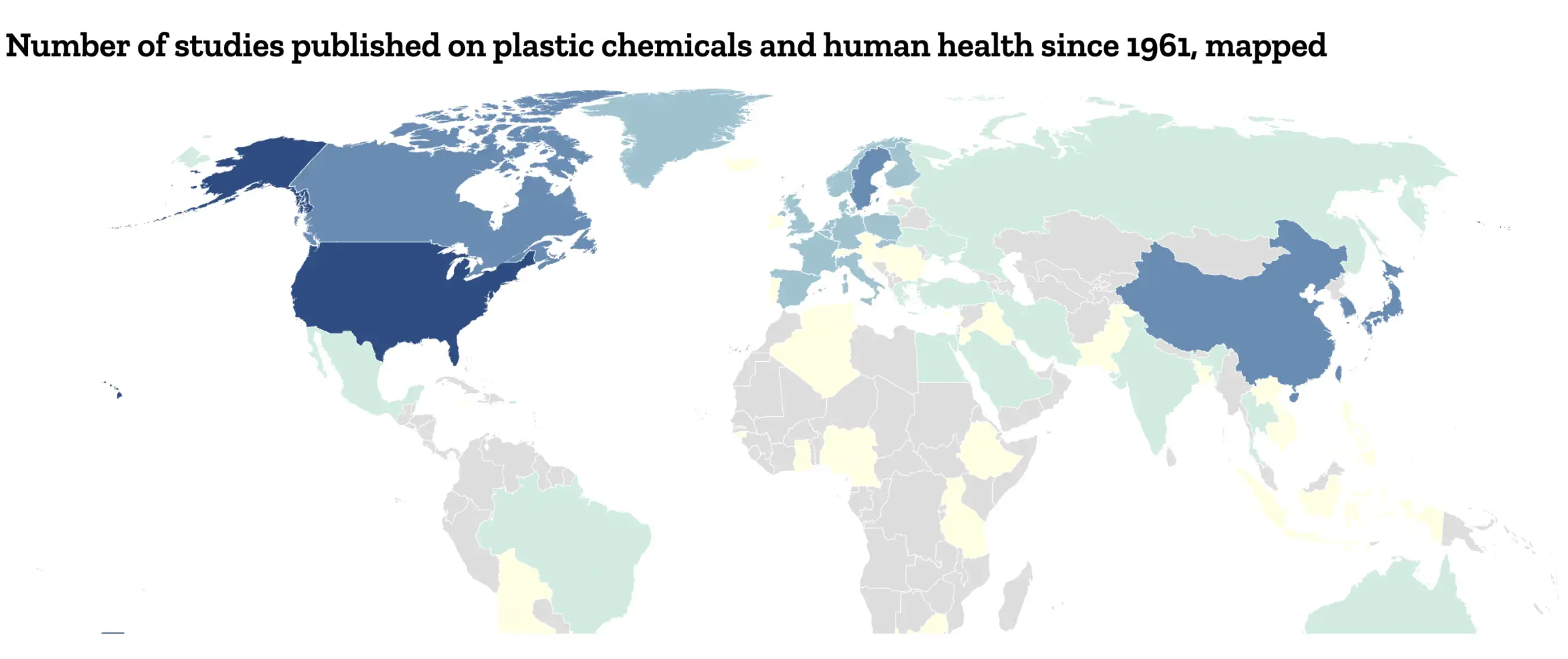 A world map displaying the number of studies published on plastic chemicals and human health since 1961, by country.