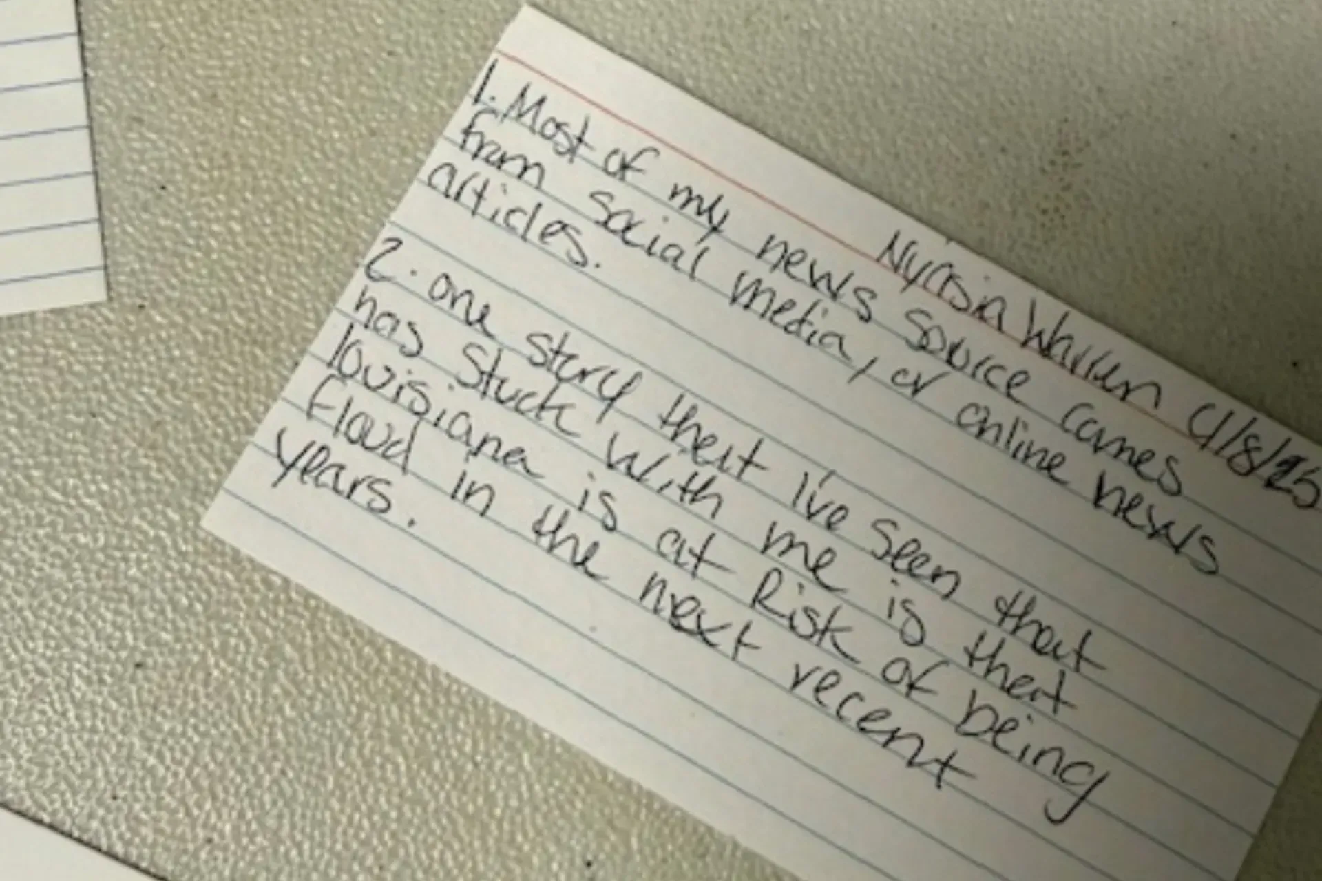 student response written on a notecard