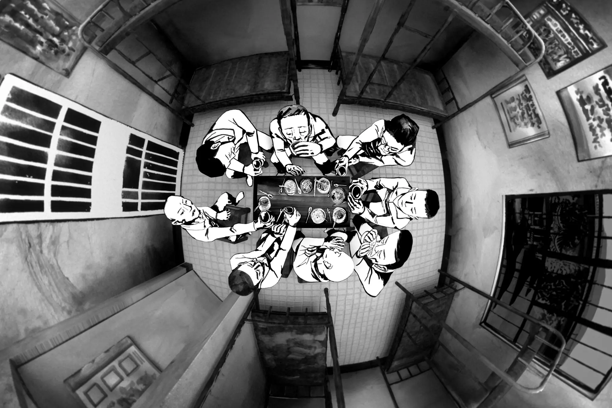 Illustration of men eating around a table.
