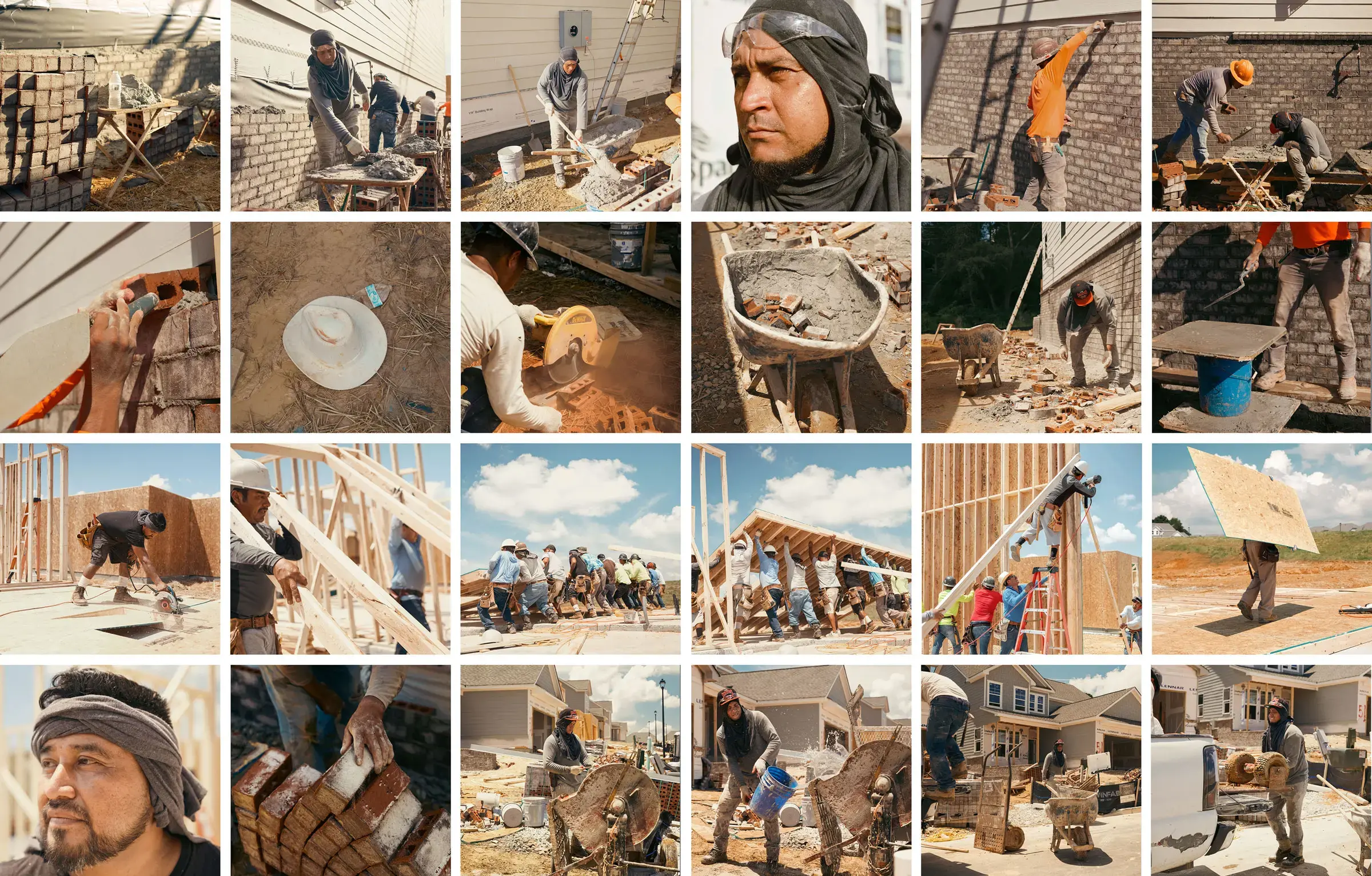 A collage of construction workers doing manual labor during extreme heat conditions.