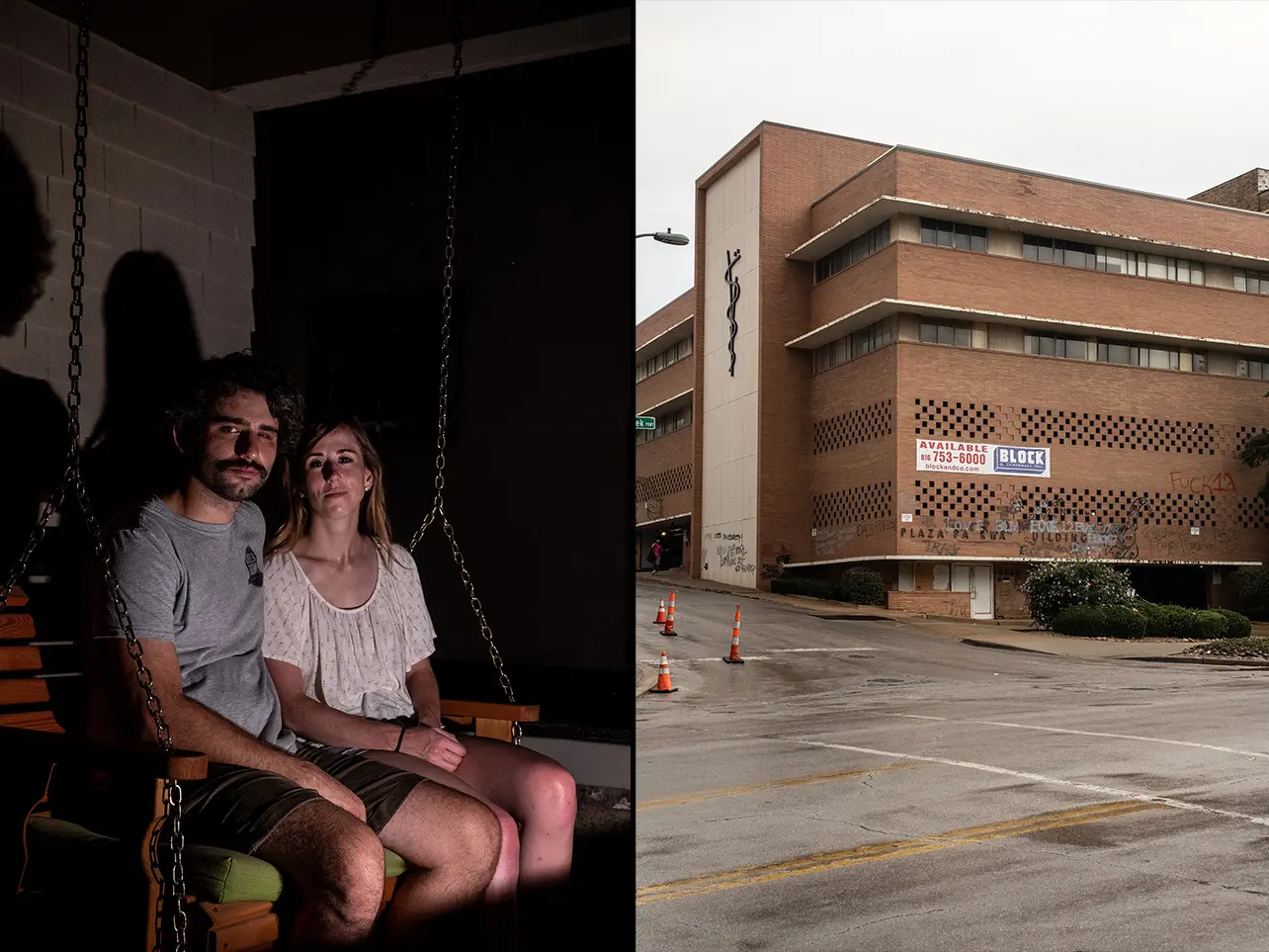 Left: A portrait of Sean Stearns and another person. Right: A building and a street.