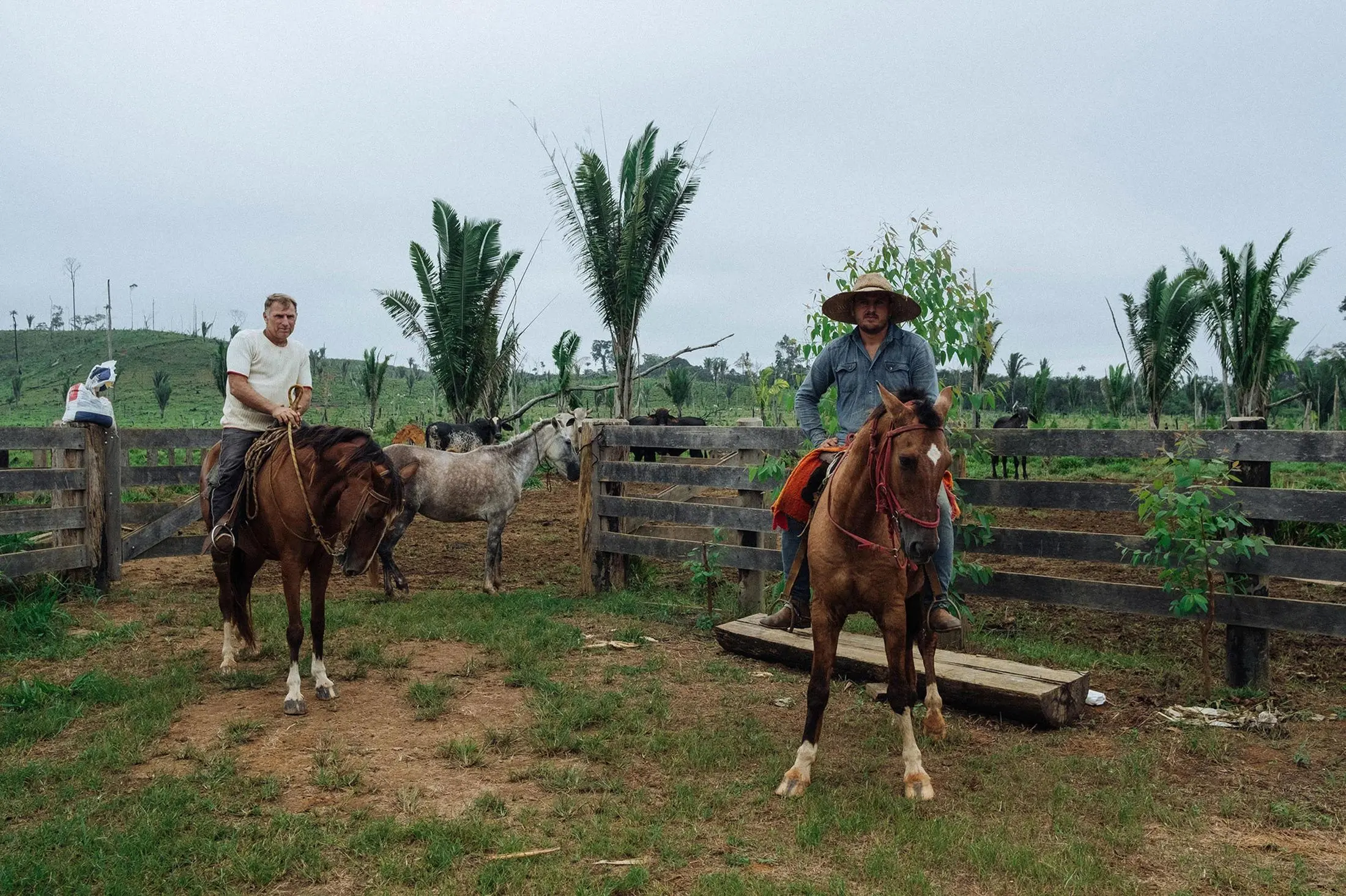 Man and son each riding a horse on a ranch