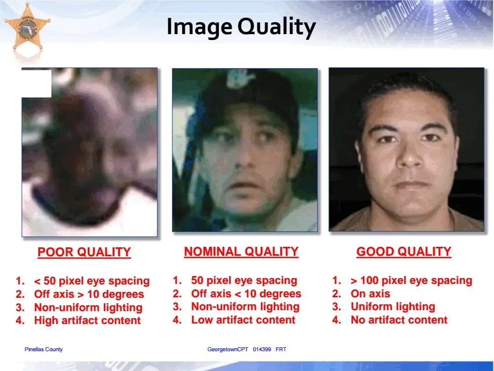 Image quality comparison showing poor, nominal, and good quality examples where poor quality less than 50 pixels, face is an an odd angle, there is non-uniform lighting, and a high artifact content with background objects. Good quality has over 100 pixels, with a face directly at camera level, good lighting and no background content. 