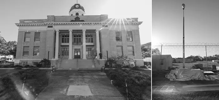 Photo of Gadsden County court house in present day, next to an image of monument being store under a tarp behind a barbed wire fence at a correctional facility. 