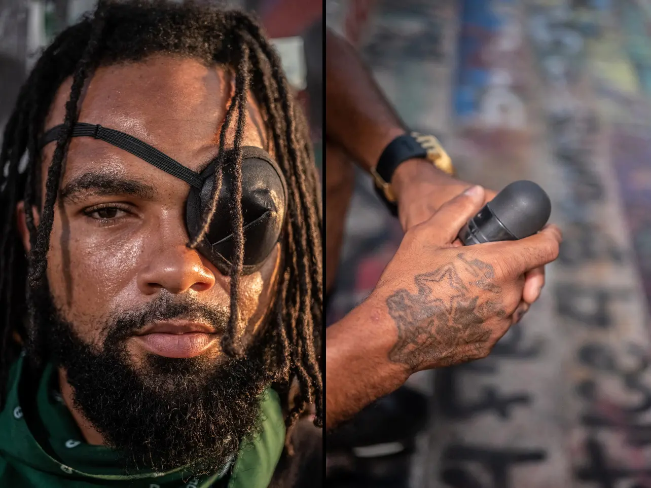 Left: A portrait of Frank Hunt wearing an eyepatch. Right: A close up photo of Hunt's hands holding a foam round.