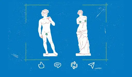 Illustration of a male and female statue with share icons for social media. 